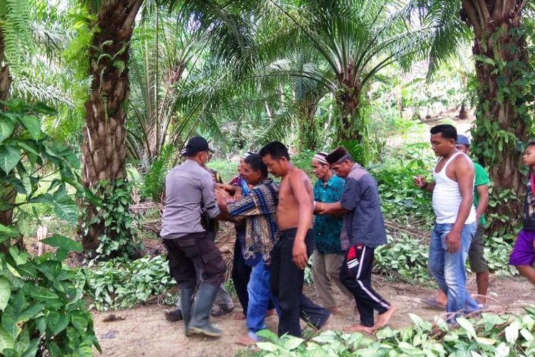 Korban diterkam buaya Daim (50) warga Desa Peunaron Baru, Kecamatan Peunaron, Kabupaten Aceh Timur, saat dievakuasi ke Puskesmas Peunaron, Aceh Timur, Minggu (21/4/2019).