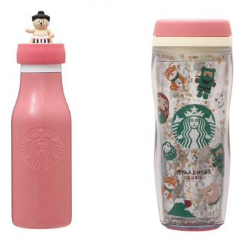 Botol minum pesumo dan tumbler Starbucks dengan desain Tahun Baru.