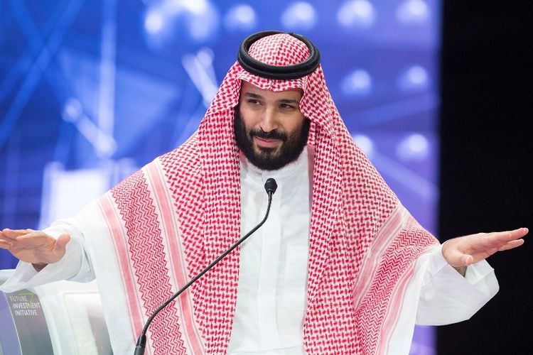 Putra Mahkota Arab Saudi Mohammed bin Salman saat berpidato di forum investasi internasional, Future Investment Initiative (FII) di Riyadh, Rabu (24/10/2018).
