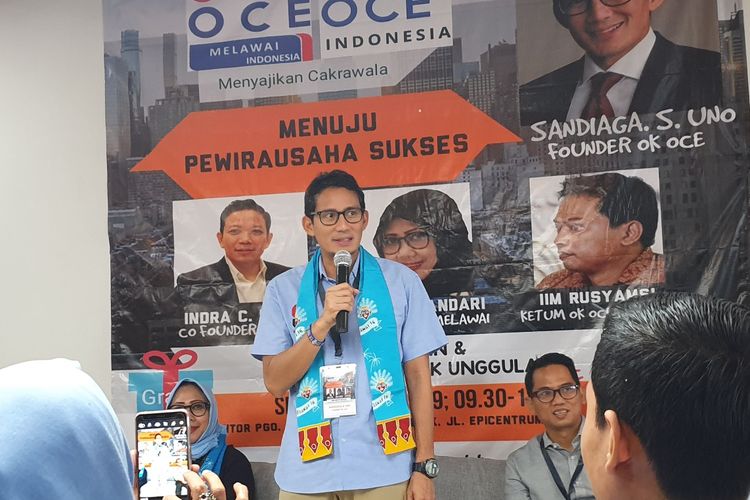 Cawapres Sandiaga Uno menghadiri seminar Ok Oce di Jakarta, Senin (20/5/2019)