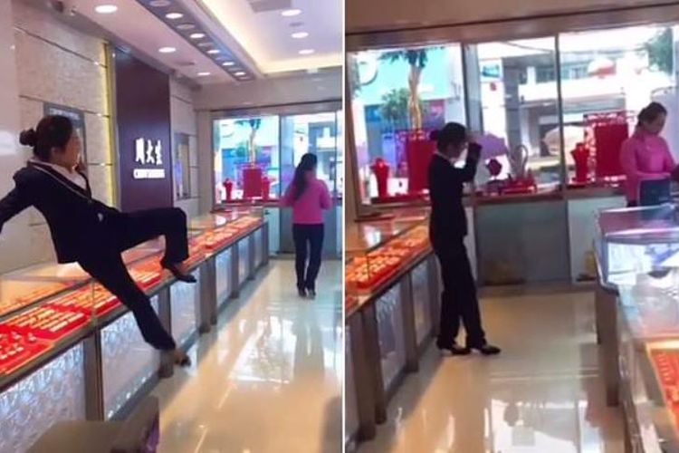 Video aksi prank menunjukkan penjaga toko perhiasan berupaya mengejar pembeli yang pura-pura bawa kabut kalung di China. (Daily Mail)