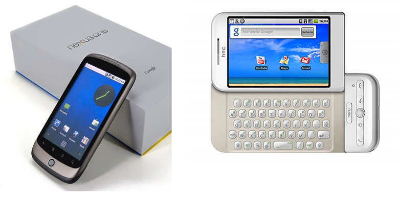 Ponsel Android Pertama, HTC Dream atau T-Mobile G1 (kanan) dan program Nexus Google (kiri).