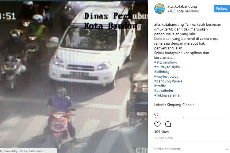 Screen shoot video contoh pelanggar lalu lintas yang diunggah ATCS Kota Bandung melalui Instagram.