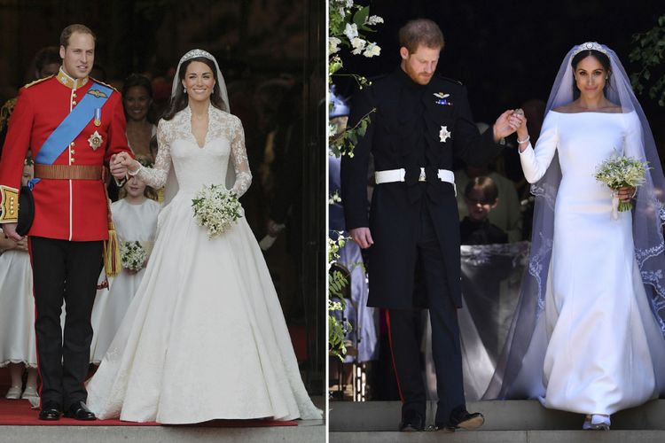 Perbandingan busana pernikahan antara Pangeran  William, Duke of Cambridge dan istrinya Catherine, Duchess of Cambridge, saat keluar dari Westminster Abbey di London, setelah upacara pernikahan 29 April 2011 dan Pangeran Harry, Duke of Sussex, dan istrinya Meghan Markle, Duchess of Sussex, setelah upacara pernikahan di Windsor Castle 19 Mei 2018.  / AFP PHOTO / CARL DE SOUZA AND Ben STANSALL