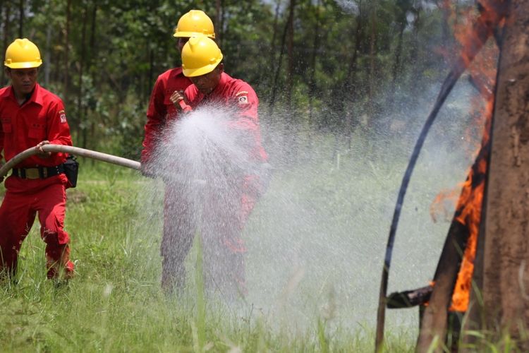 Petugas pemadam kebakaran Asia Pulp and Paper Sinar Mas melakukan simulasi pemadaman api di Kabupaten Ogan Komering Ilir (OKI), Sumatera Selatan, Kamis (9/3).