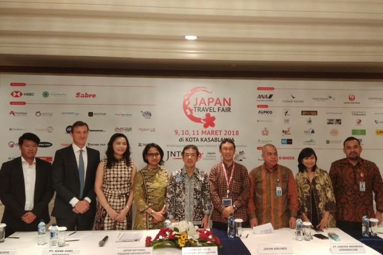Jumpa pers Japan Travel Fair di Jakarta, Kamis (8/3/2018). Pameran wisata Japan Travel Fair (JTF) kembali hadir memberikan promo-promo tiket pesawat dan paket wisata ke Jepang di Mall Kota Kasablanka, Jakarta pada 9-11 Maret 2018.