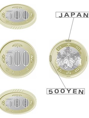 Desain uang logam 500 yen yang baru mengusung nada warna ganda.