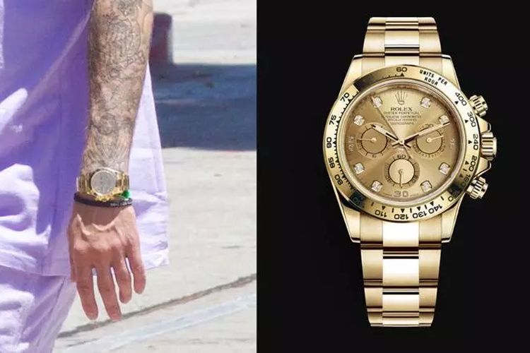 Penyanyi Justin Bieber terlihat mencolok dengan pakaian serba ungu dan jam tangan Rolex Daytona seharga sekitar Rp 670 juta.
