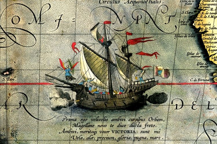 Victoria, satu-satunya kapal ekspedisi Ferdinand Magellan yang berhasil pulang ke Spanyol, dalam peta buatan Ortellius pada 1590.