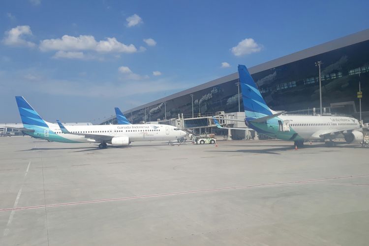 Pesawat Garuda terparkir di Terminal 3 Bandara Internasional Soekarno-Hatta, Tangerang, Banten, Kamis (15/3/2018).
