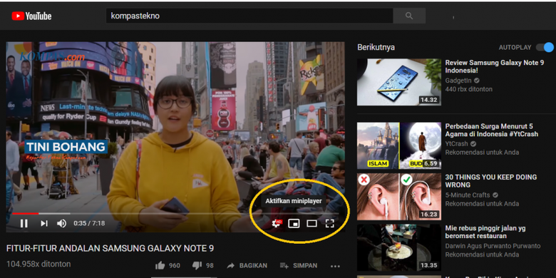 Tangkapan layar ikon YouTube Miniplayer versi browser