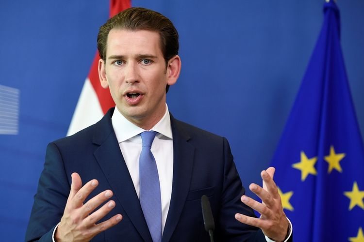 Kanselir Austria, Sebastian Kurz saat memberikan keterangan dalam konferensi pers di Brussels pada Juni 2018.