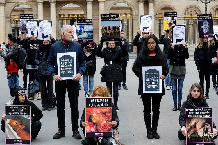Aktivis dari kelompok vegan menggelar aksi protes di depan gedung dewan di Paris, Perancis, pada 1 November 2018 lalu.