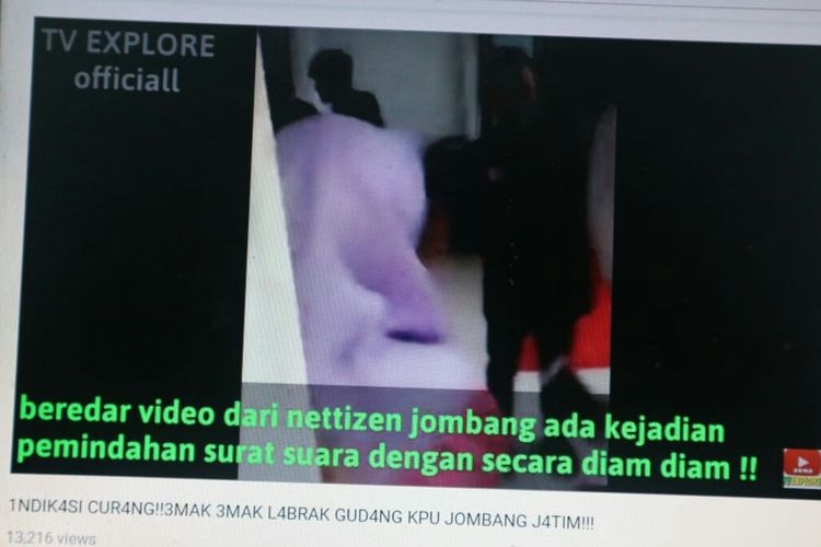Tangkapan layar video hoaks Indikasi Kecurangan Pemilu di KPU Jombang Jawa Timur yang beredar di YouTube. Video tersebut diposting pelaku pada 19 April 2019.