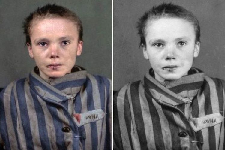 Inilah Czeslawa Kwoka, remaja 14 tahun dari Polandia yang menjadi korban kamp konsentrasi Nazi Jerman di Auschwitz yang meninggal pada Maret 1943. Tampak kanan adalah foto asli Kwoka, sedangkan kiri merupakan hasil tambahan warna yang dilakukan seniman asal Brasil bernama Marina Amaral.