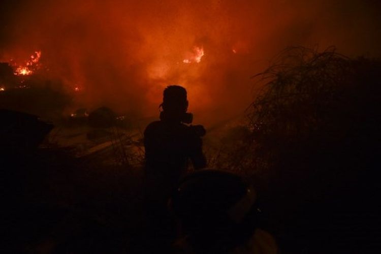 Pemadam kebakaran dan penduduk berusaha untuk mematikan api akibat kebakaran hutan di Vigo, Spanyol, pada 15 Oktober 2017.