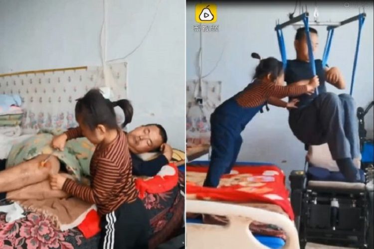 Potongan video memperlihatkan seorang gadis enam tahun merawat ayahnya yang merupakan penyandang disabilitas di China. Pria bernama Tian Haicheng terlibat kecelakaan mobil empat tahun lalu.