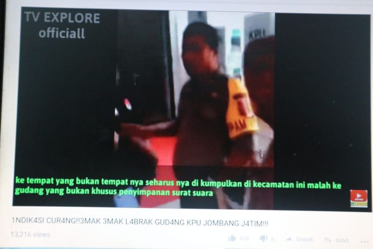 Tangkapan layar video yang mencatut KPU Jombang yang beredar di Youtube.