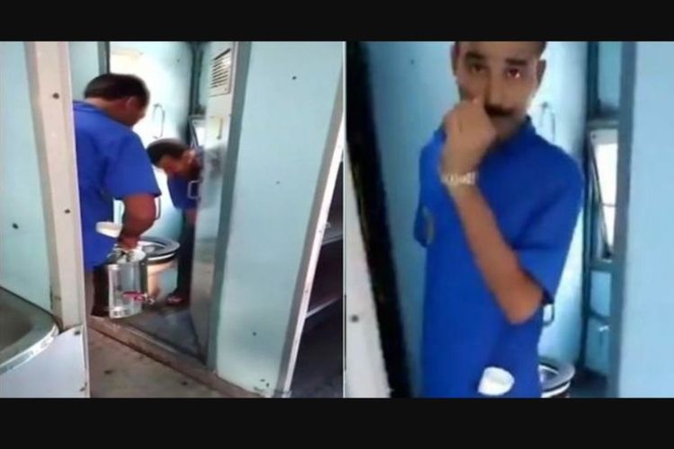Potongan gambar dalam video yang memperlihatkan sejumlah penjual minuman keliling di India yang diduga membuat teh dan kopi dagangan mereka di dalam toilet kereta api.