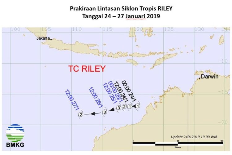 Prakiraan lintasan siklon tropis Riley, 24 Januari 2019 sampai 27 Januari 2019.