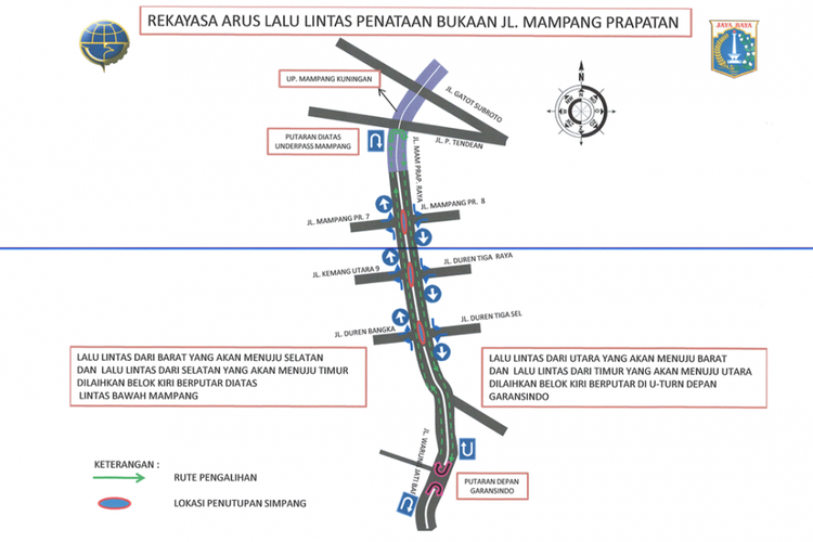 Rekayasa lalu lintas dalam rangka penutupan tiga perempatan atau simpang di Jalan Mampang Prapatan Raya, Jakarta Selatan.