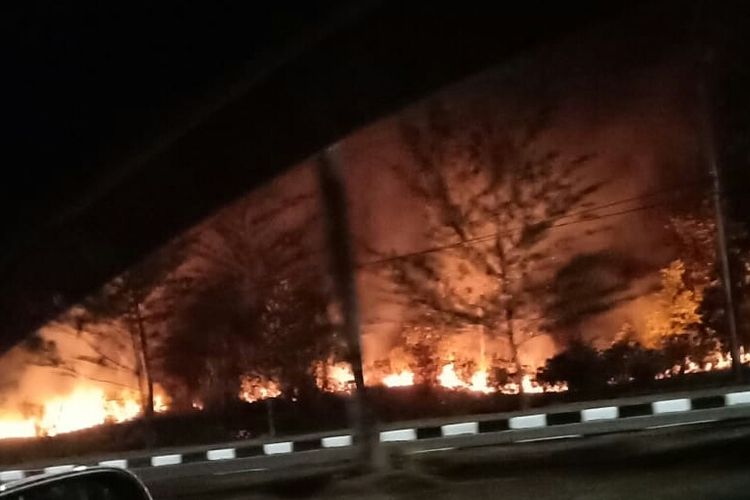 Salah satu titik kebakaran lahan depan Bandara Depati Amir Pangkal Pinang, Sabtu (24/8/2019).