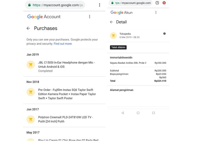 Tangkapan layar transaksi pembelian online yang terekam Google
