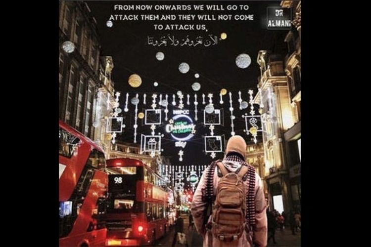 Salah satu poster yang dirilis Wafa Media Foundation menggambarkan ancaman serangan pada Inggris.