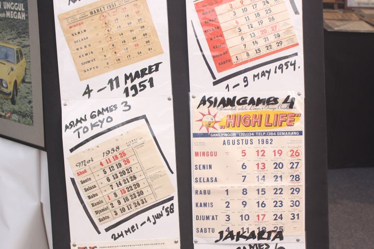 Koleksi kalender Asian Games edisi ke 1-6, termasuk Asian Games 1962 Jakarta di stand Batavia Books, zona Kaka, Asian Festival, Gelora Bung Karno.
