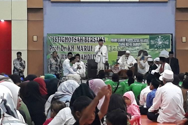 Maruf Amin saat menghadiri acara Istighosah bersama Nahdliyyin dan Warga Jakarta Pusat di Gelanggang Remaja Senen, Jakarta Pusat, Sabtu (2/2/2019).