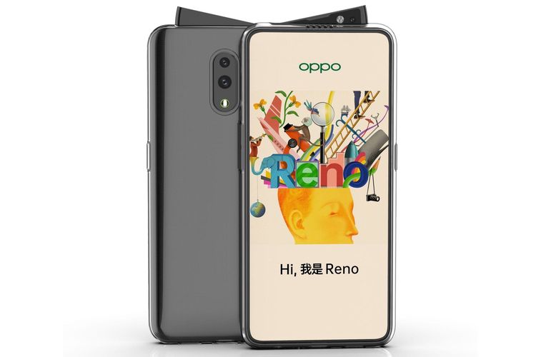 Ilustrasi tampilan depan dan belakang Oppo Reno dengan kamera selfie pop-up