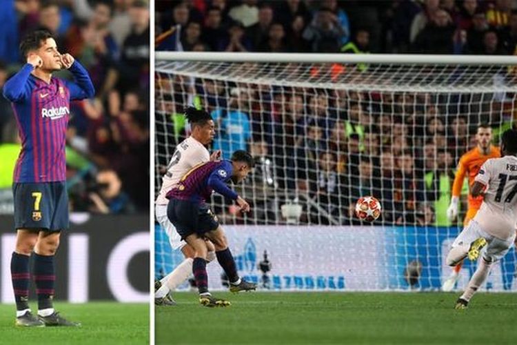 Selebrasi tutup telinga Philippe Coutinho setelah mencetak gol spektakuler ke gawang David De Gea, Rabu (17/4/2019)