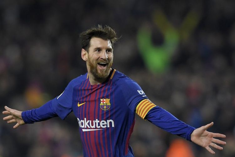 Lionel Messi melakukan selebrasi usai mencetak gol pada pertandingan Barcelona kontra Girona di Camp Nou, Minggu 25 Fabruari 2018