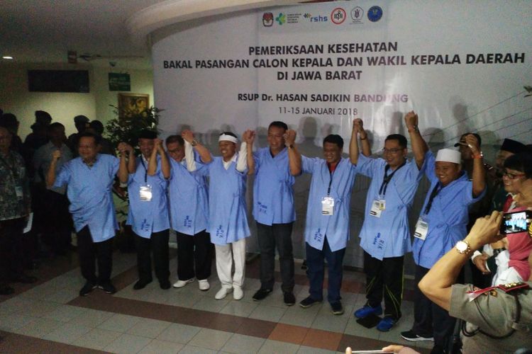 Empat pasangan calon gubernur dan wakil gubernur yang akan bertarung di Pilkada Jawa Barat 2018 akhirnya selesai menjalani rangkaian tes kesehatan di Rumah Sakit Hasan Sadikin (RSHS) Bandung. 