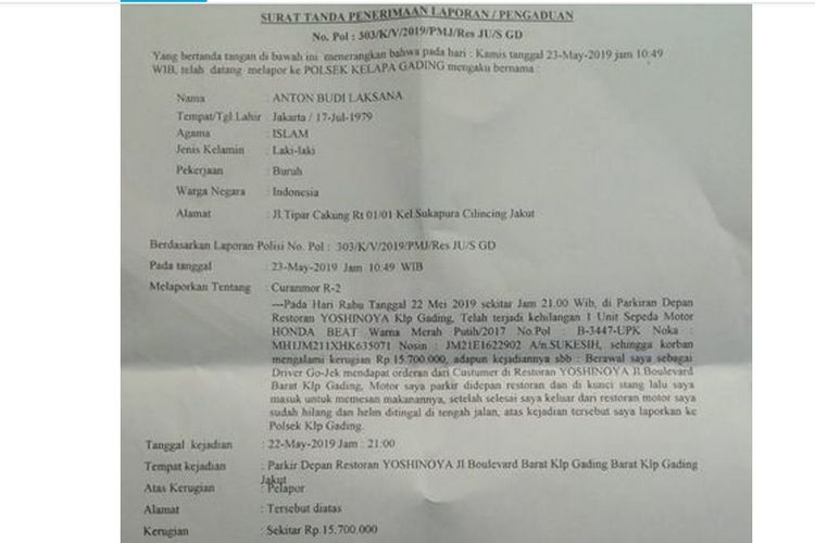 Surat laporan kehilangan motor milik pengemudi ojek online Anton Budi.