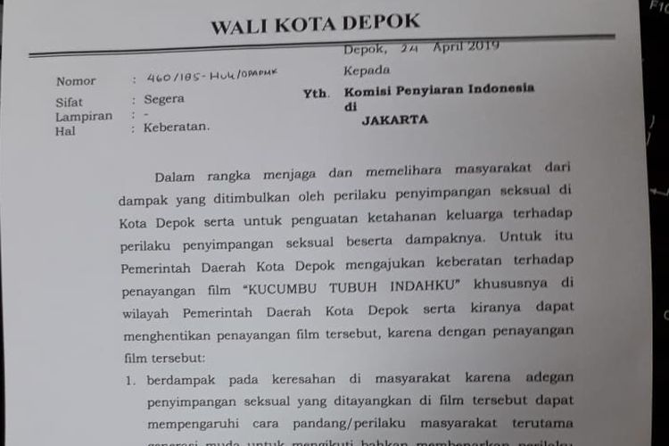 Surat edaran wali kota tentang keberatan Film Berjudul âKucumbu Tubuh Indahkuâ Tayang di Bioskop Depok, Kamis (25/4/2019).