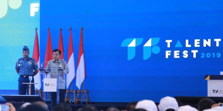 Wakil Presiden RI, Jusuf Kalla membuka kegiatan Talent Fest dan Bursa Kerja Nasional Tahun 2019 di JIExpo Kemayoran Jakarta, Jumat (22/3/2019)