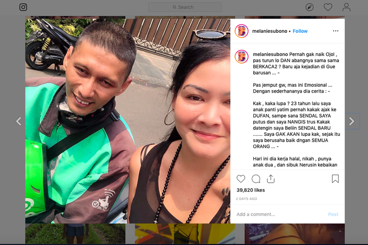 Artis dan aktivis Melanie Subono mengunggah fotonya dengan Parman, driver ojek online, yang pernah ditolongnya 23 tahun lalu. Mereka tanpa sengaja bertemu kembali ketika Melanie memesan ojol.