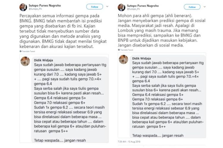 Twit klarifikasi Sutopo Purwo Nugroho.