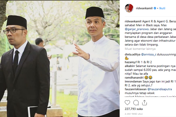 Gubernur Jawa Barat Ridwan Kamil mengunggah foto bersama Gubernur Jawa Tengah Ganjar Pranowo di akun Instagram @ridwankamil, Rabu (3/7/2019)