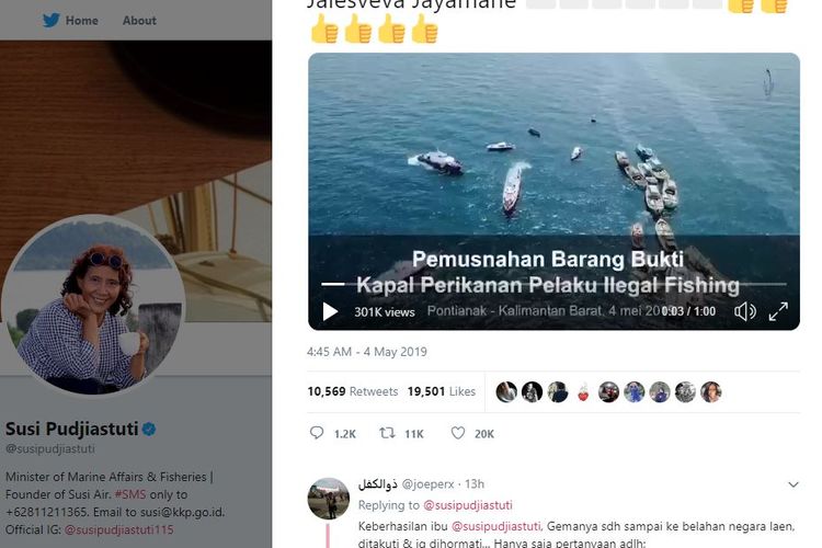 Menteri Kelautan dan Perikanan Susi Pudjiastuti memimpin penenggelaman 13 kapal nelayan asing berbendera Vietnam di Pulau Datuk, Kabupaten Mempawah, Kalimantan Barat, Sabtu (4/5/2019). 