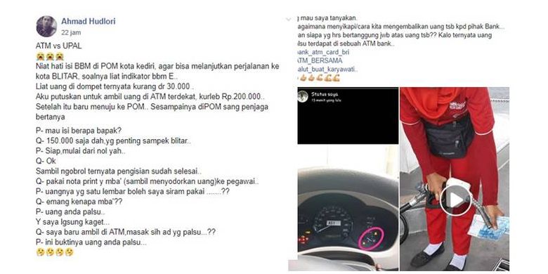 Viral unggahan pengguna Facebook bernama Ahmad Hudlori yang menampilkan video pembuktian uang kertas palsu yang disiram bensin oleh petugas SPBU pada Rabu (8/5/2019).