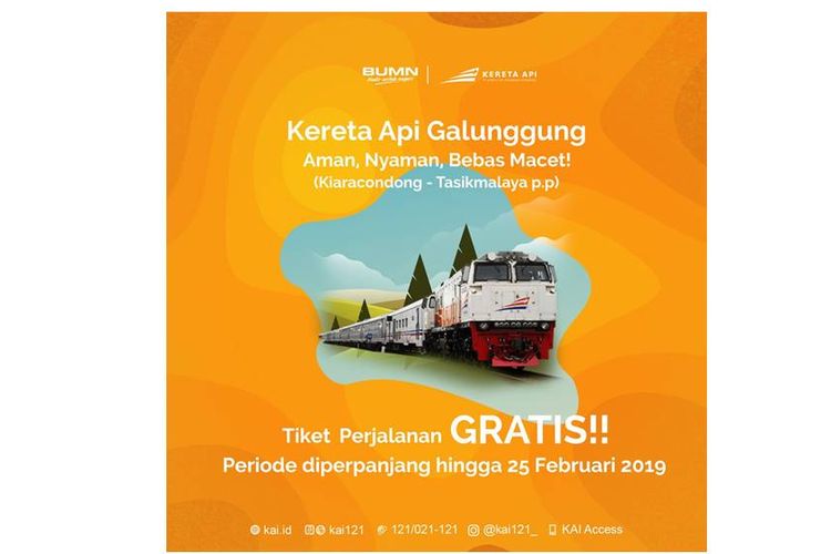 PT KAI umumkan perpanjang tiket gratis untuk KA Galunggung hingga 25 Februari 2019.