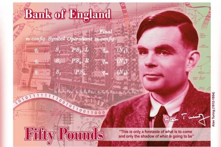 Ilustrasi Alan Turing di mata uang Inggris pecahan 50 poundsterling
