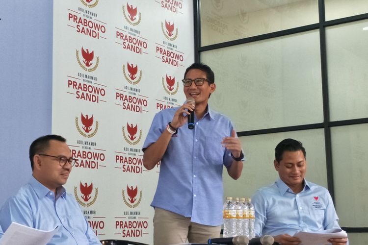 Calon wakil presiden nomor urut 02 Sandiaga Uno di media center pasangan Prabowo-Sandiaga, Jalan Sriwijaya, Jakarta Selatan, Rabu (27/2/2019).