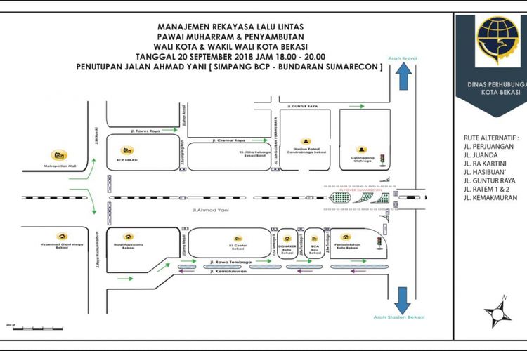 Gambaran rekayasa lalu lintas saat pawai Muharram dan Penyambutan Walikota serta Wakil Walikota Bekasi dari Simpang BCP sampai Bundara Sumarecon, Kota Bekasi, Rabu (19/9/2018).