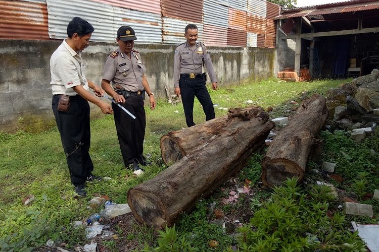 ?Polsek Geyer, Grobogan, Jateng menunjukkan kayu hasil pencurian oknum polisi hutan KPH Gundih, Sabtu (10/3/2018).?