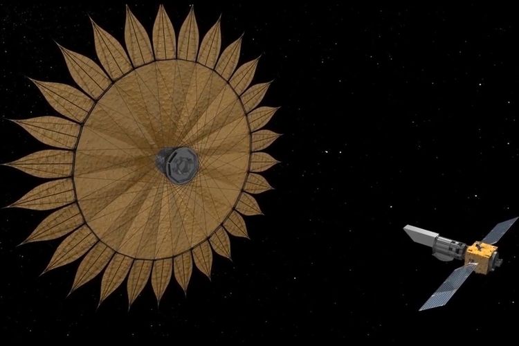 Ilustrasi ini menunjukkan geometri teleskop ruang angkasa yang disejajarkan dengan Starshade, teknologi yang digunakan untuk memblokir cahaya bintang untuk mengungkap keberadaan planet yang mengorbit bintang tersebut. NASA / JPL-Caltech