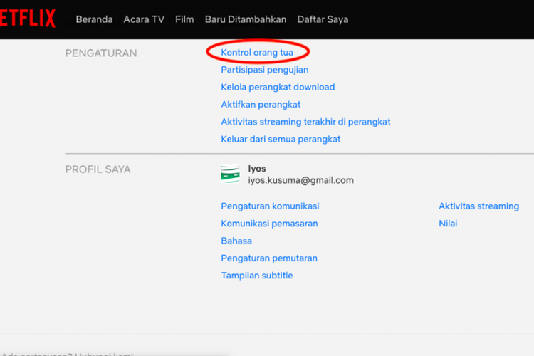 Ilustrasi menu Kontrol Orang Tua di Netflix