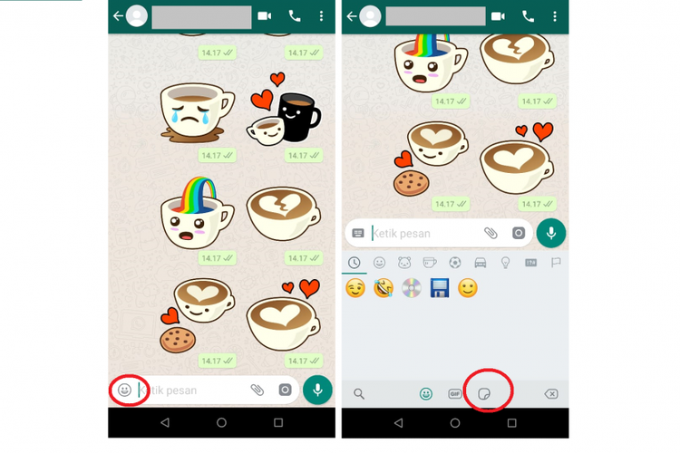 Cara mengirimkan stiker WhatsApp, ketuk ikon emoji yang dilingkar merah, lalu klik ikon stiker di sebelah ikon GIF yang juga berlingkar merah. (Kompas.com)